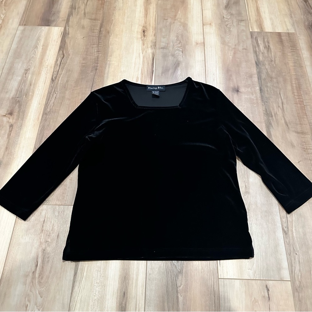 Vintage Morning Black Velvet Top Square Neck 3/4 Sleeves Solid Blouse L